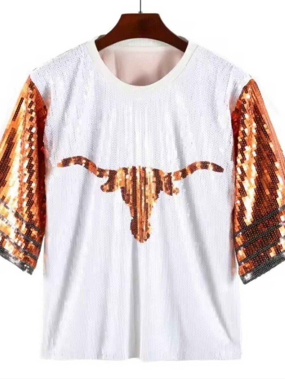 White and Orange Sequin Longhorn Top